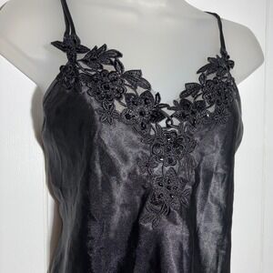 Y2K Black Satin Lace Beaded Camisole Top Medium Grunge Whimsigoth Witchy